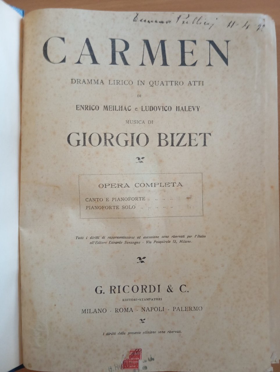 Bizet, Carmen, spartito canto e pianoforte, rllegato, Ricordi, 1914? | Immagine principale