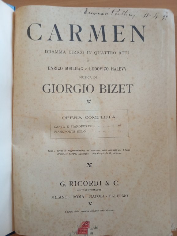 Bizet, Carmen, spartito canto e pianoforte, rllegato, Ricordi, 1914? | Immagine Gallery 1