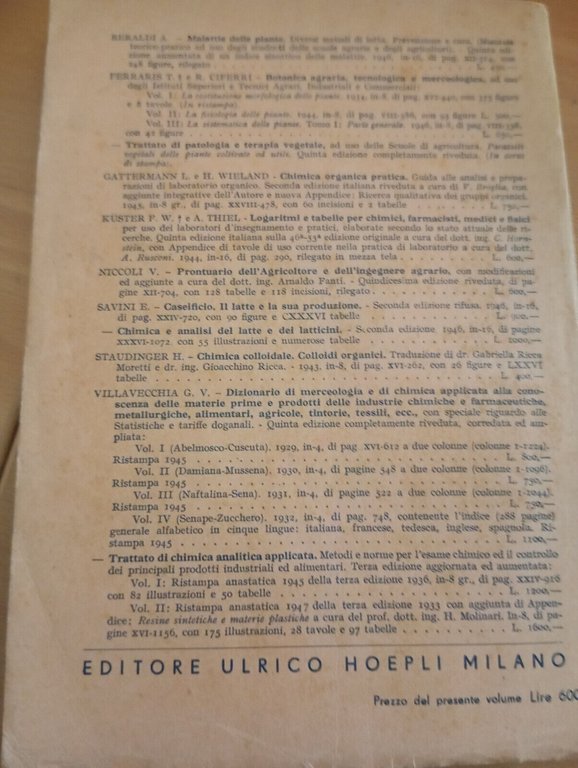 Chimica delle fermentazioni, U. Pratolongo, Hoepli, 1947, per collezionisti