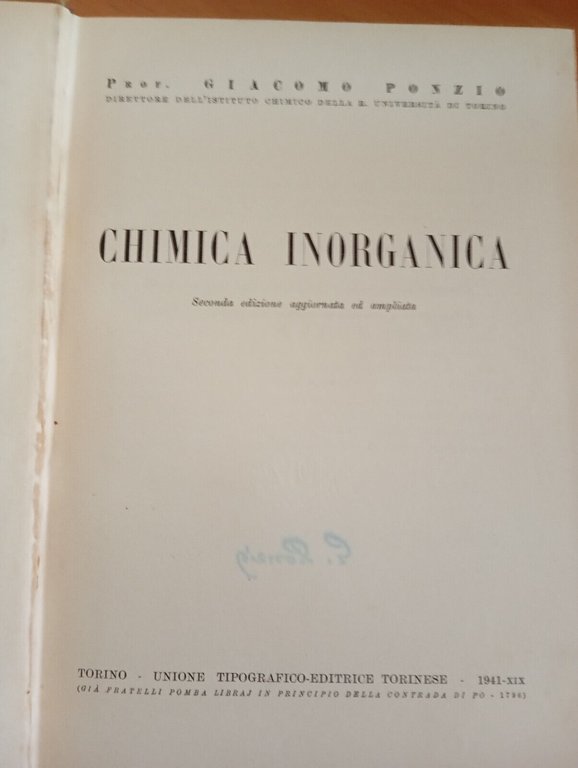 Chimica inorganica, Giacomo Ponzio, UTET, 1941, per collezionisti