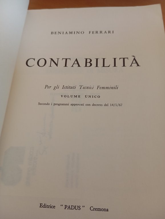 Contabilità volume unico, Istituti Tecnici Femminili, Beniamino Ferraris, 1967