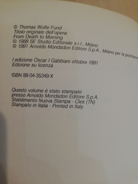 Dalla morte al mattino, Thomas Wolfe, Mondadori Oscar, 1991