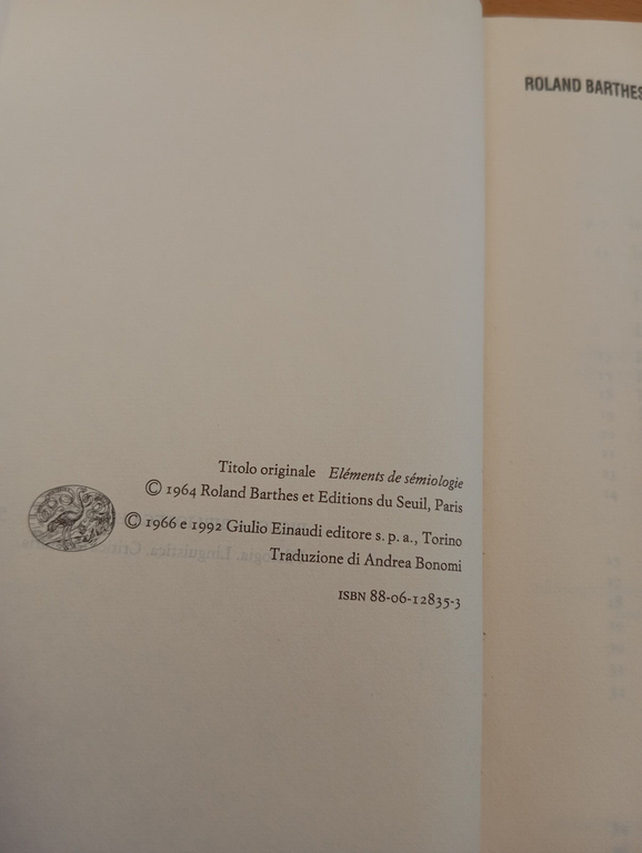 Elementi di semiologia, Roland Barthes, Einaudi, 1992, collana PBE