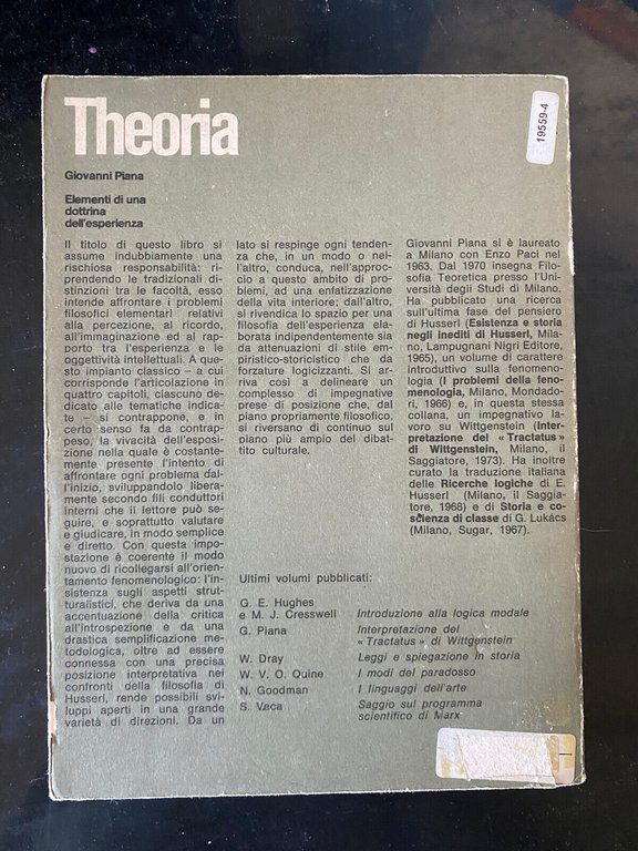 Elementi di una dottrina dell'esperienza, Giovanni Piana, Il Saggiatore, 1979