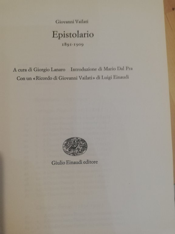 Epistolario 1891 - 1909, Giovanni Vailati, Einaudi, 1971