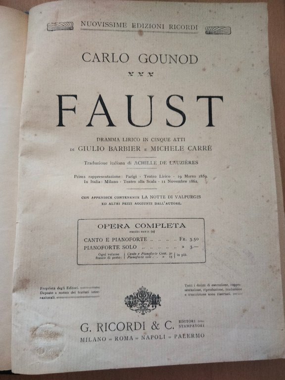 Faust, Carlo Gounod, spartito canto e pianoforte, rllegato, Ricordi, 1890? | Immagine Gallery 1