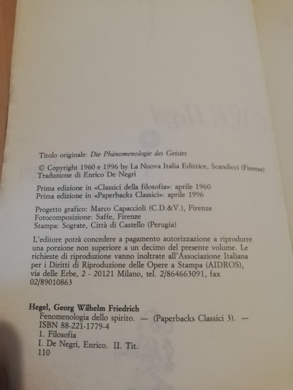 Fenomenologia dello spirito, Hegel, 1996, La Nuova Italia