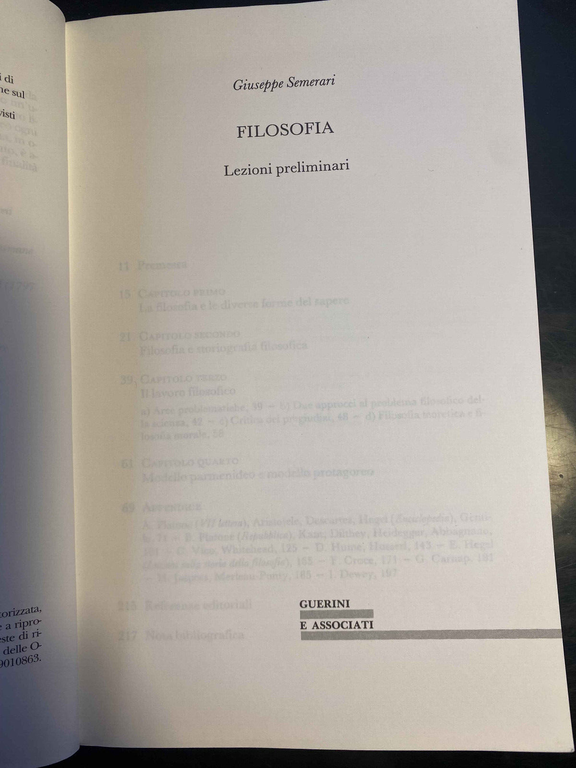 Filosofia. Lezioni preliminari, Giuseppe Semerari, Guerini, 1999, fuori catalogo