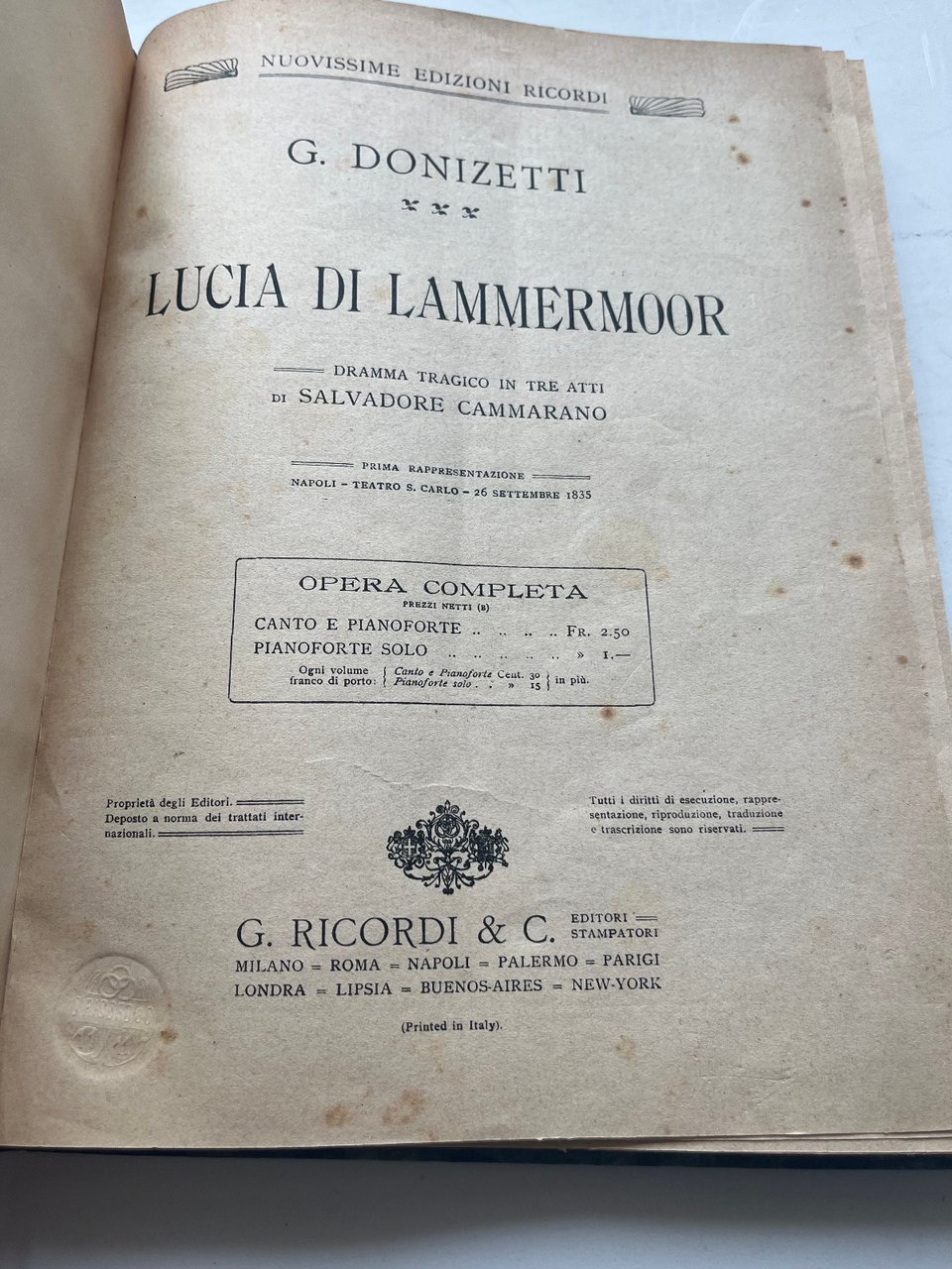 G. Donizzetti, Lucia di Lammermoor, spartito canto e pianoforte, Ricordi, … | Immagine principale
