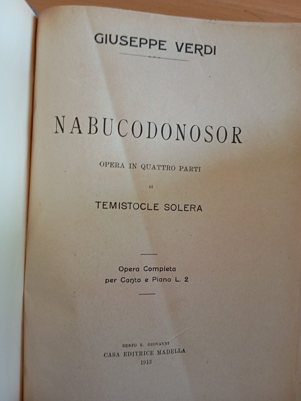 G. Verdi, Nabucodonosor, spartito canto e pianoforte, rllegato, Madella, 1913 | Immagine principale