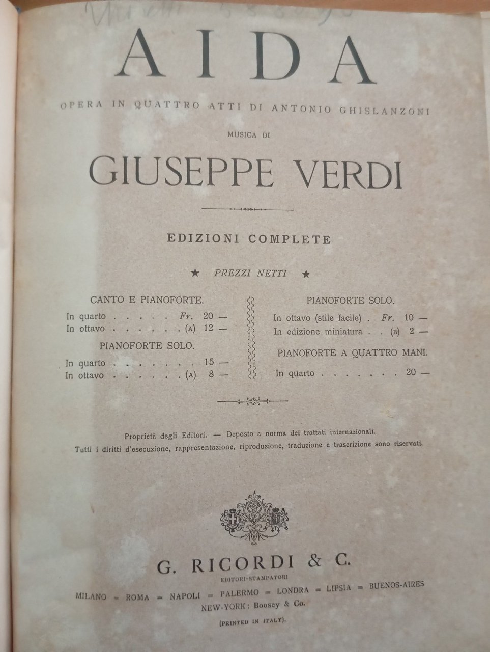 Giuseppe Verdi, Aida, spartito canto e pianoforte, rllegato, Ricordi, 1912? | Immagine principale