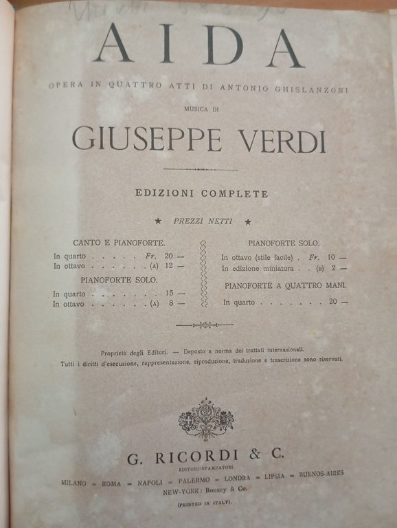 Giuseppe Verdi, Aida, spartito canto e pianoforte, rllegato, Ricordi, 1912? | Immagine Gallery 1