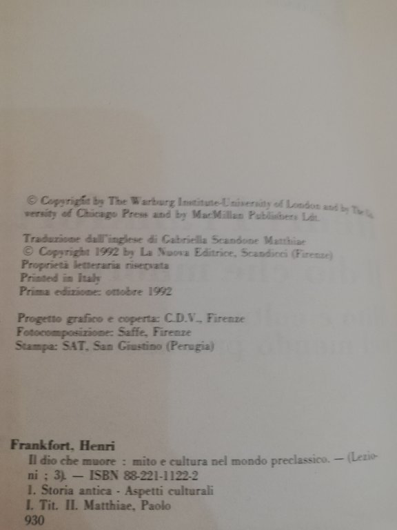 Il Dio che muore. Mito e cultura nel mondo preclassico, …