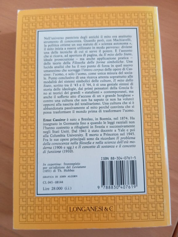 Il mito dello stato, Ernst Cassirer, Longanesi, 1987