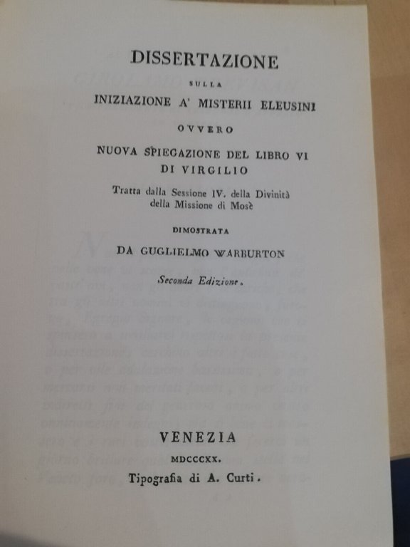 Iniziazione ai misteri eleusini, William Warburton, Handromeda ristampa ed. 1820