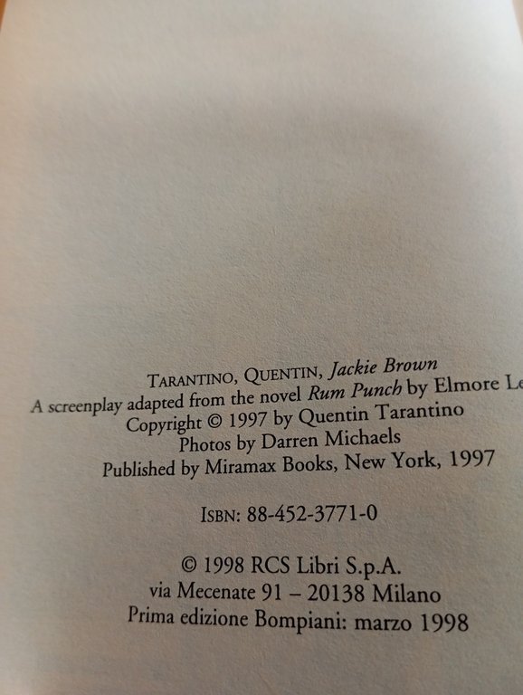 Jackie Brown, la sceneggiatura, Quentin Tarantino, Bompiani, 1998 | Immagine Gallery 11