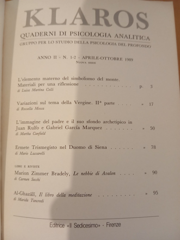 Klaros Quaderni di psicologia analitica, 1-2 , 1989