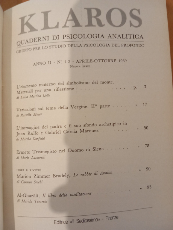 Klaros Quaderni di psicologia analitica, 1-2 , 1989