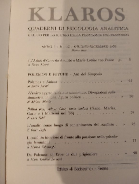 Klaros Quaderni di psicologia analitica, 1-2 , 1993, Polemos e …