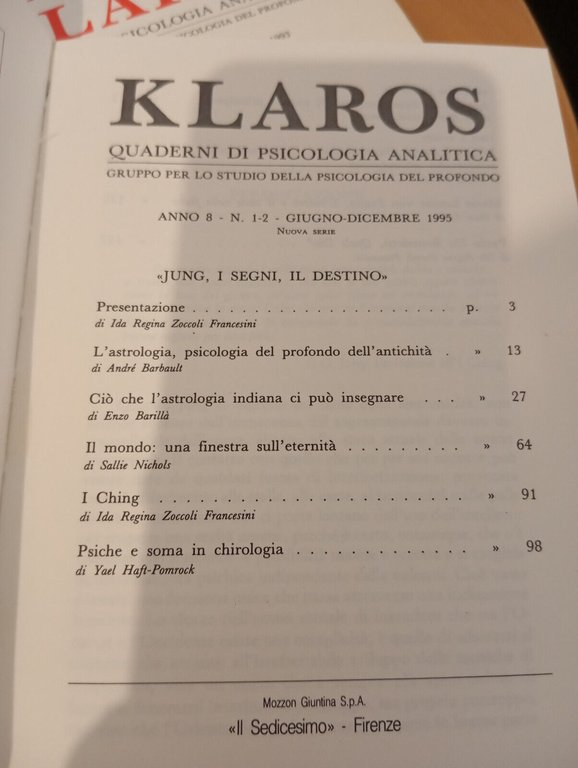 Klaros Quaderni di psicologia analitica, 1-2 , 1995, Jung, i …