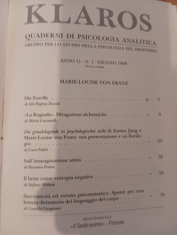 Klaros Quaderni di psicologia analitica, 1-2 , 1998, Marie-Louise Von …