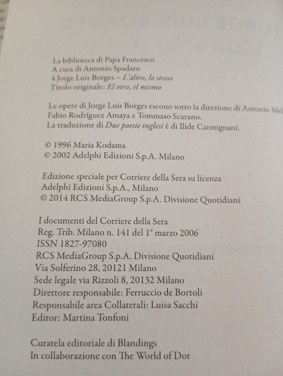 L'altro, lo stesso, Jorge Luis Borges, Corriere della sera, 2014