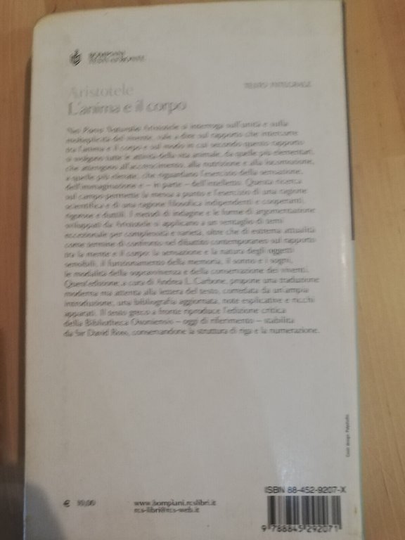 L'anima e il corpo. Parva naturalia, Aristotele, Testo a fronte, …