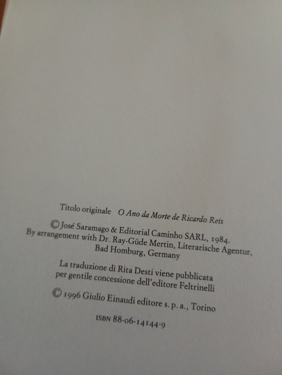 L'anno della morte di Riccardo Reis, josé Saramago, Einaudi, 1996