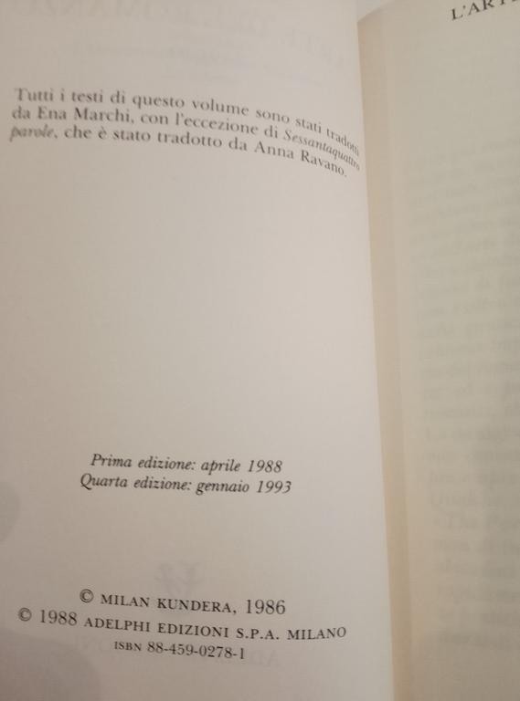 L'arte del romanzo, Milan Kundera, Adelphi, 1993