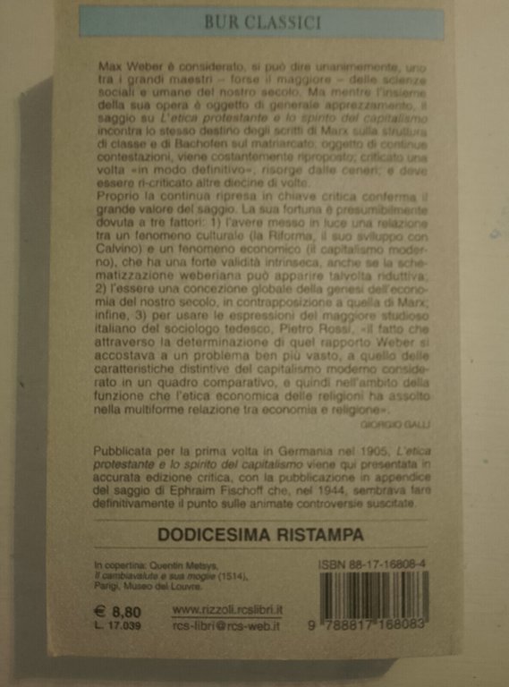 L'etica protestante e lo spirito del capitalismo, Max Weber, Rizzoli …