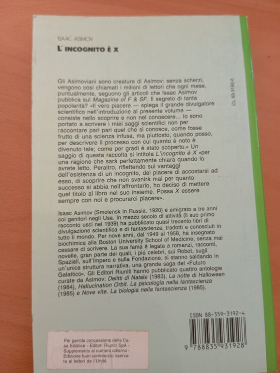 L'incognito è X, Isaac Asimov, Editori Riuniti, Prima edizione, 1988