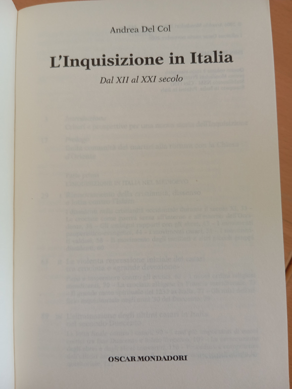 L'inquisizione in Italia, Andrea Del Col, Mondadori, 2006