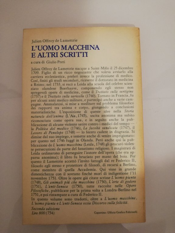 L'uomo macchina e altri scritti, De Lamettrie, 1973, Feltrinelli Giulio …