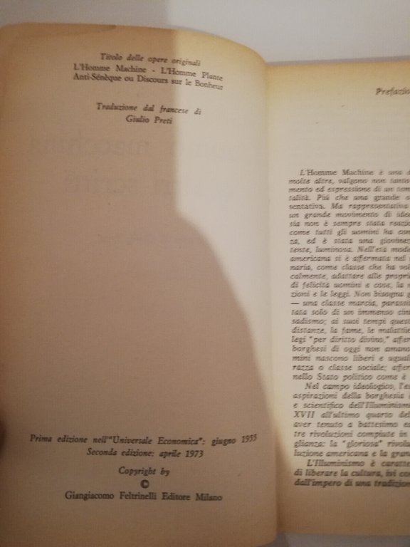 L'uomo macchina e altri scritti, De Lamettrie, 1973, Feltrinelli Giulio …