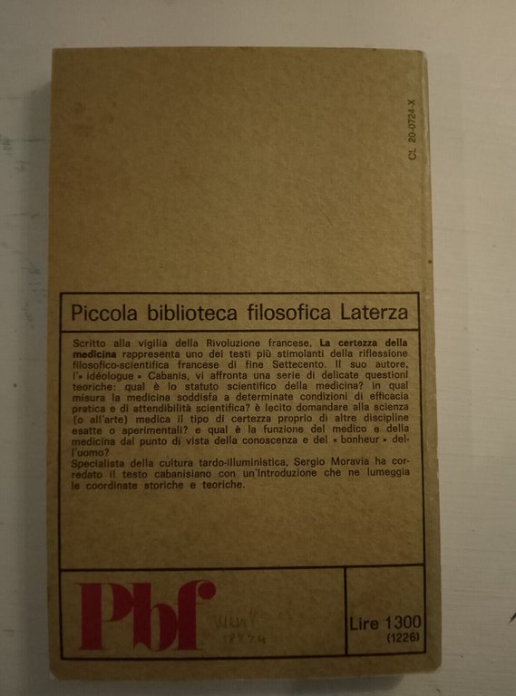 La certezza della medicina, Cabanis, Laterza, 1974 edizione storica