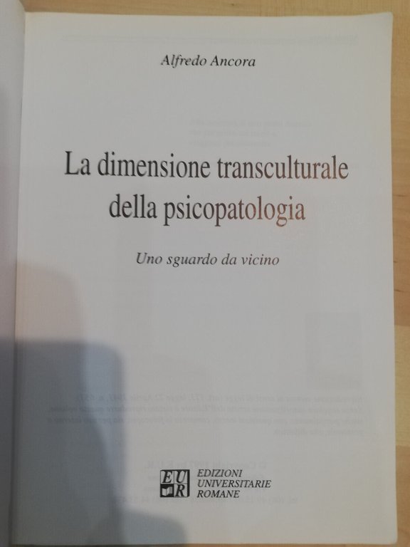 La dimensione transculturale della psicopatologia, Alfredo Ancora, EUR, 1997