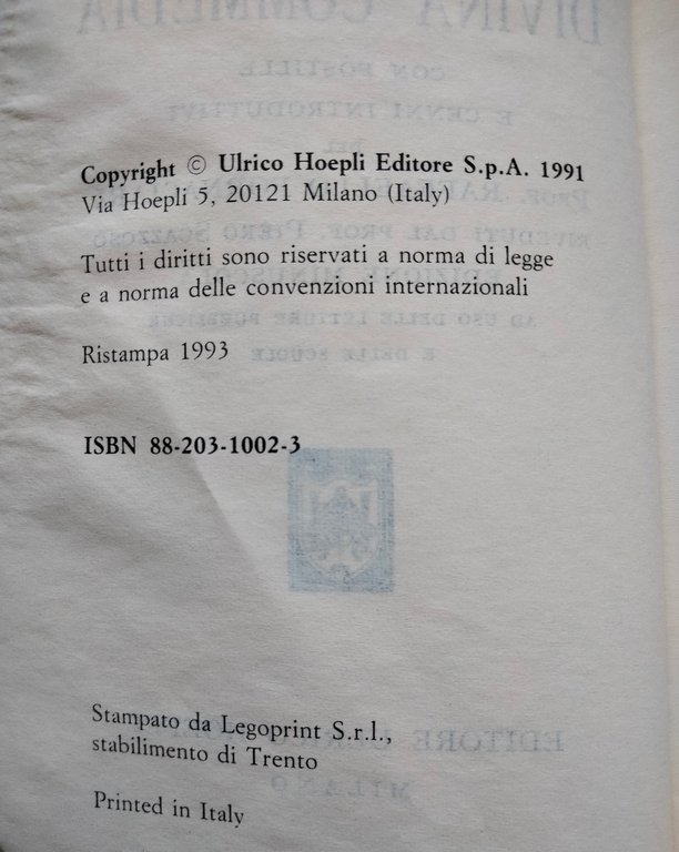 La Divina Commedia, Dante Alighieri, Hoepli, 1993
