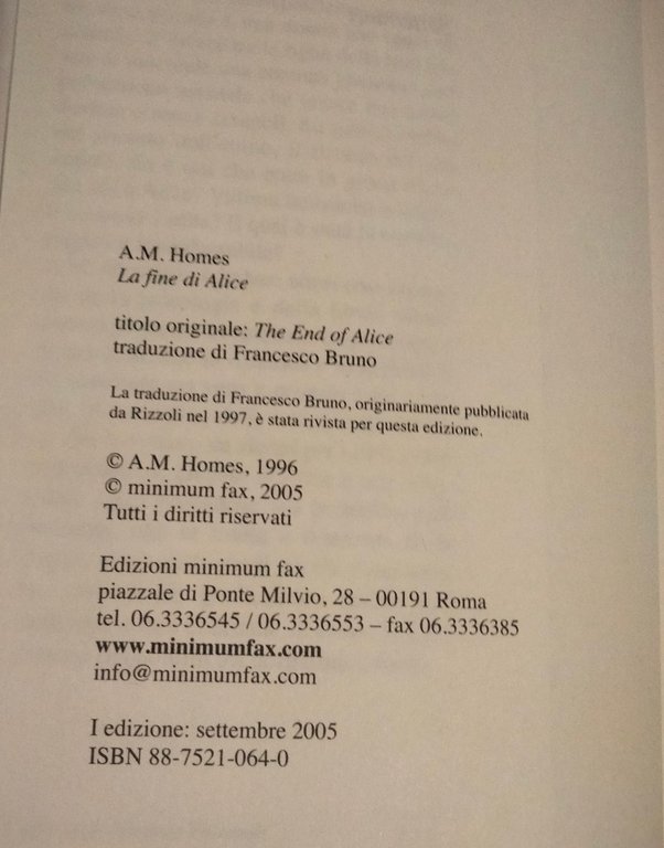 La fine di Alice, A. M. Homes, Minimum fax, 2005