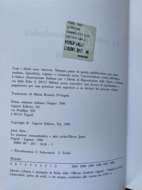 La passione sonnambulica e altri scritti, Pierre Janet, Liguori,