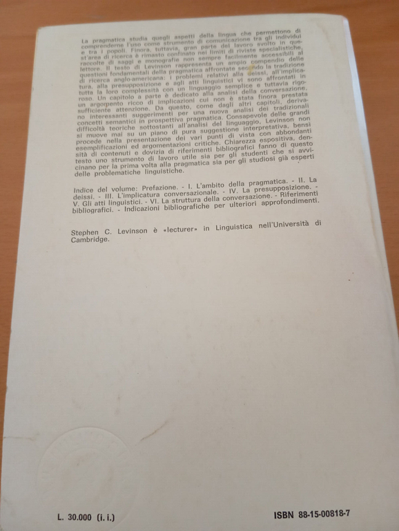 La pragmatica, Stephen C. Levinson, Il Mulino, 1985