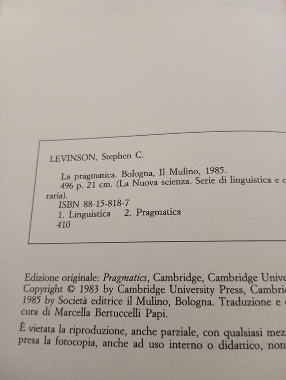 La pragmatica, Stephen C. Levinson, Il Mulino, 1985