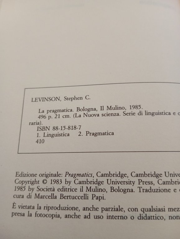 La pragmatica, Stephen C. Levinson, Il Mulino, 1985
