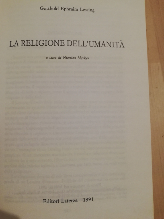 La religione dell'umanità, G. E. Lessing, 1991, Laterza