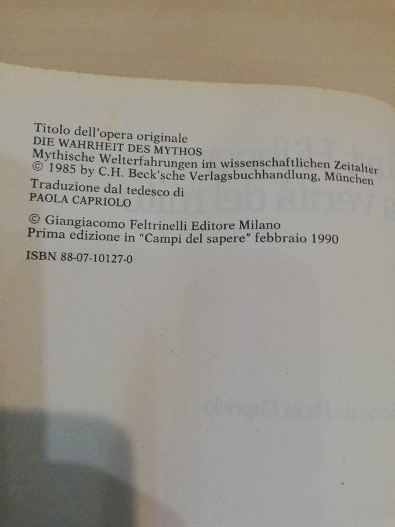 La verità del mito, Kurt Hubner, Feltrinelli, 1990