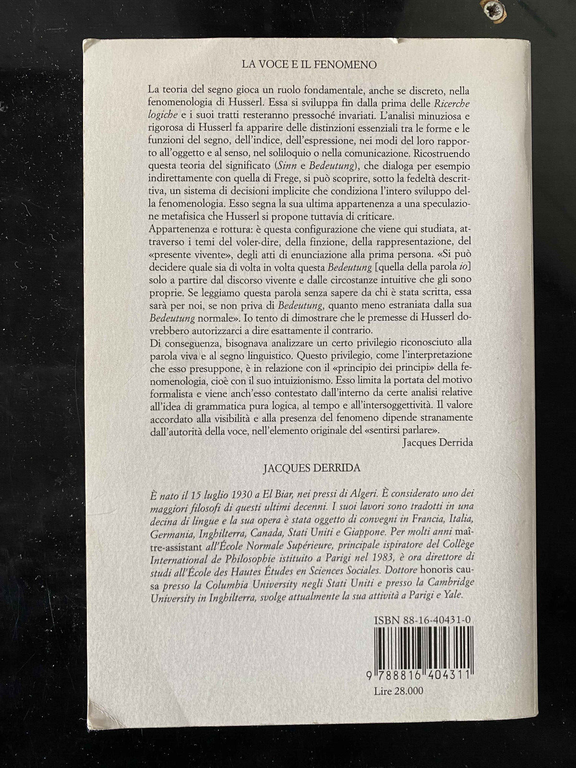 La voce e il fenomeno, Jacques Derrida, Jaca book, 1997