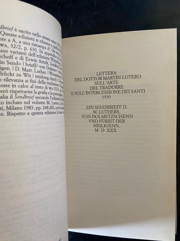 Lettera del tradurre, Martin Lutero, Marsilio, 1998