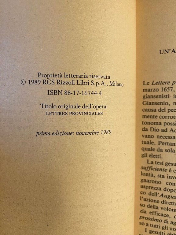 Lettere provinciali, Blaise Pascal, 1989, Rizzoli