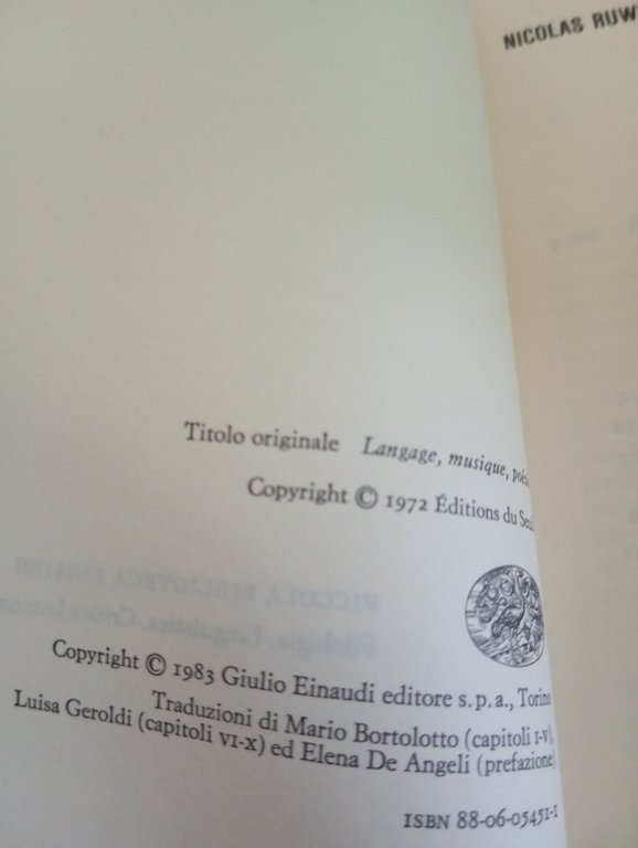 Linguaggio, musica, poesia, Nicolas Ruwet, Einaudi, 1983