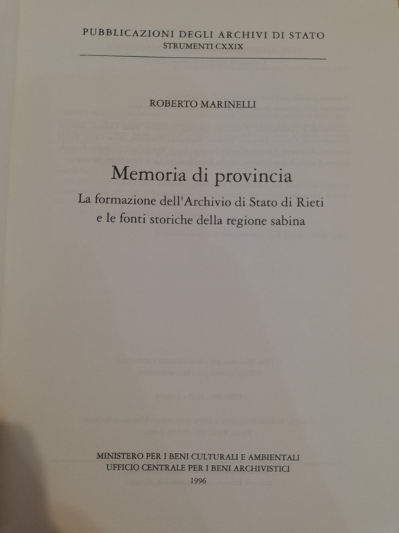 Memoria di provincia. Archivio di Rieti, Sabina, Roberto Marinelli, 1996