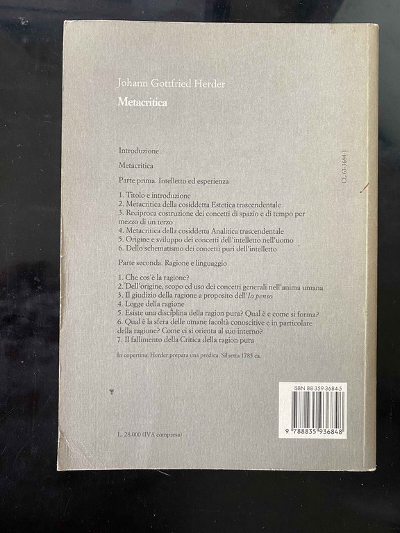 Metacritica, Johann Gottfried Herder, 1993, Editori Riuniti